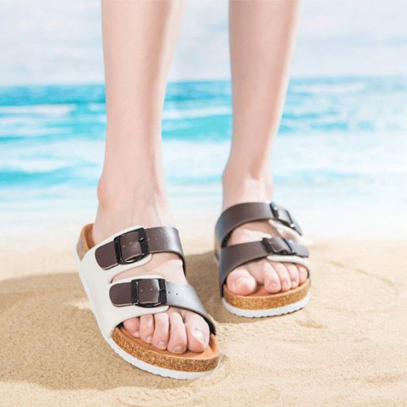 Kvinnor Casual Beach Dual Strap Spänne Öppen Tå Mjuka Korksandaler