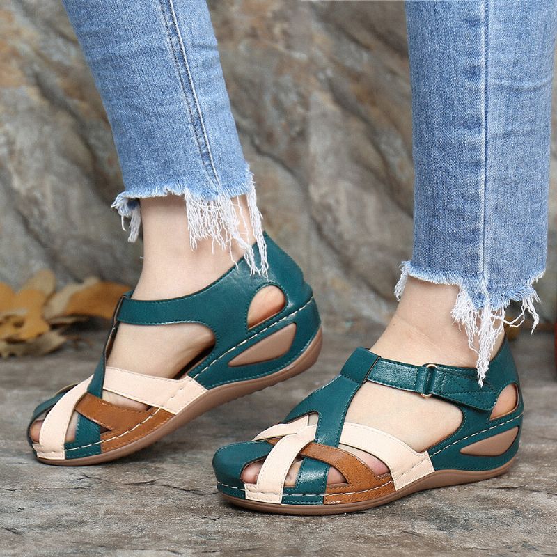 Kvinnor Cutout Color Block Justerbar Rem Casual Summer Wedge Sandaler