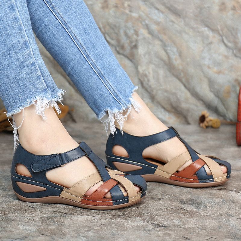 Kvinnor Cutout Color Block Justerbar Rem Casual Summer Wedge Sandaler