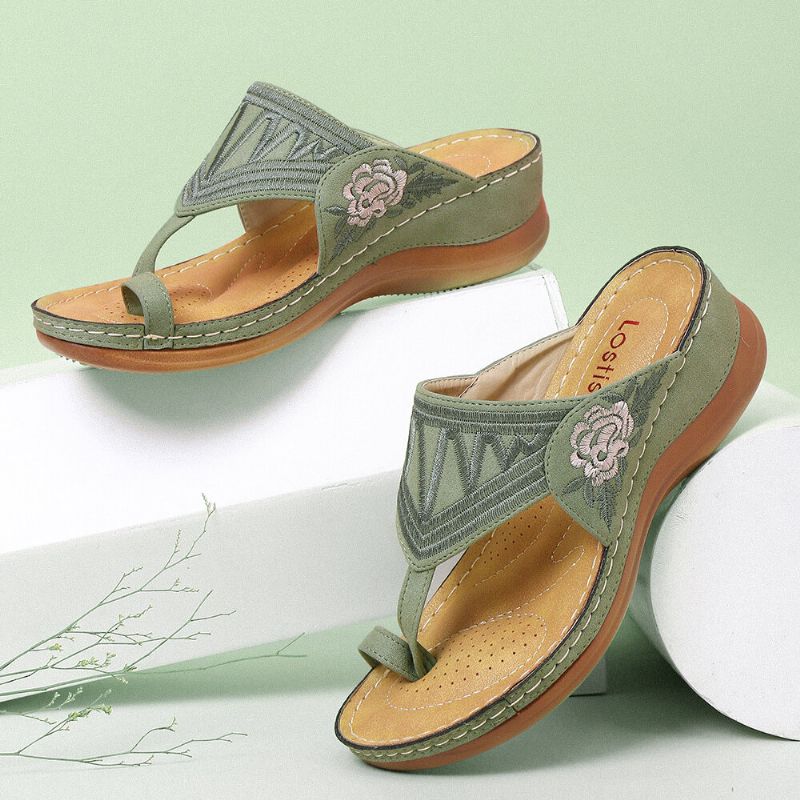 Kvinnor Flower Brodery Toe Ring Bekväm Casual Daily Summer Wedge Sandaler