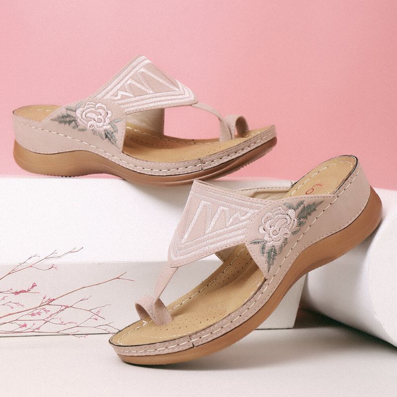 Kvinnor Flower Brodery Toe Ring Bekväm Casual Daily Summer Wedge Sandaler