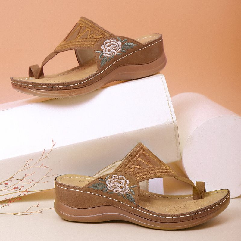 Kvinnor Flower Brodery Toe Ring Bekväm Casual Daily Summer Wedge Sandaler