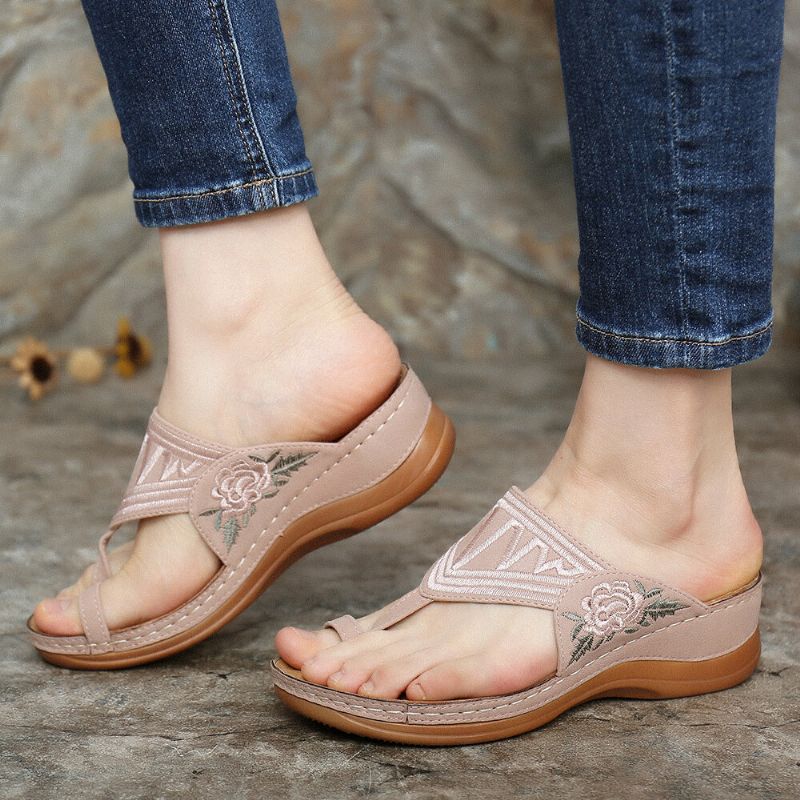 Kvinnor Flower Brodery Toe Ring Bekväm Casual Daily Summer Wedge Sandaler