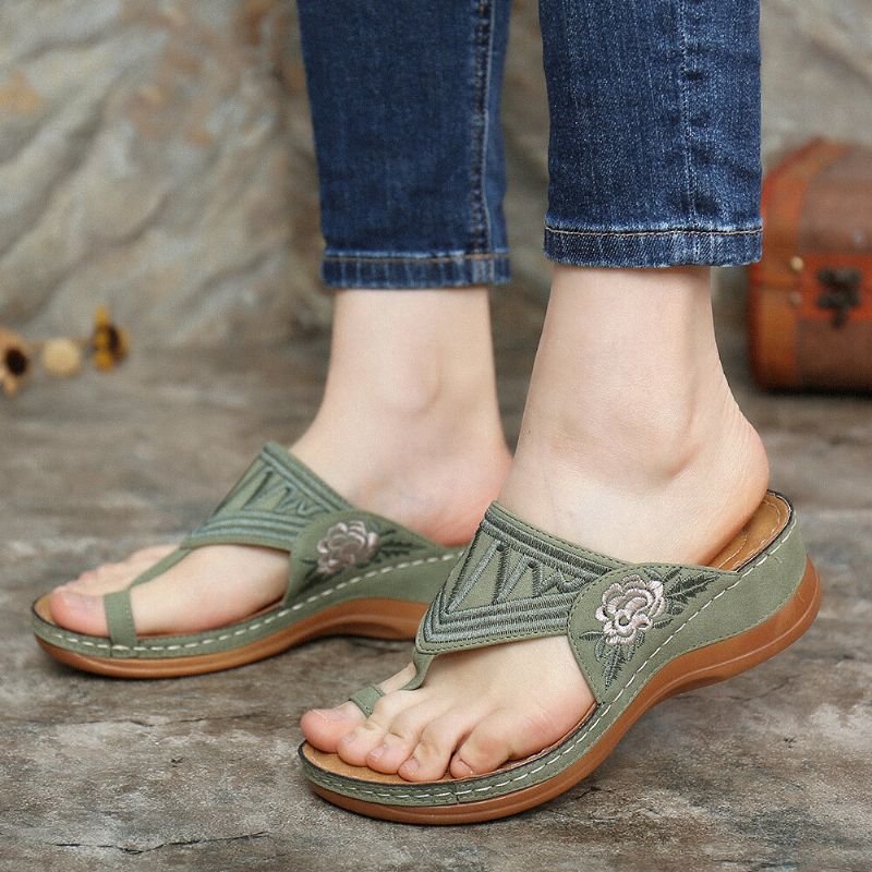 Kvinnor Flower Brodery Toe Ring Bekväm Casual Daily Summer Wedge Sandaler