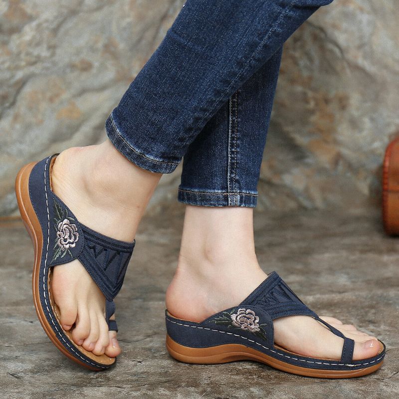 Kvinnor Flower Brodery Toe Ring Bekväm Casual Daily Summer Wedge Sandaler