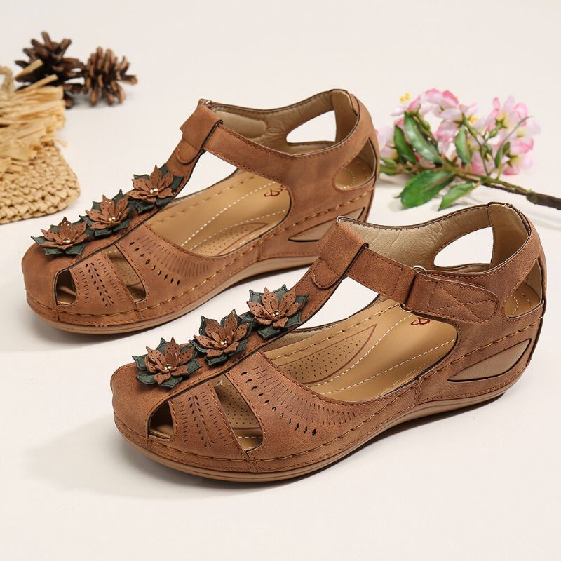 Kvinnor Flower Decro Cutout Krokögla Andas Casual Wedge Sandaler