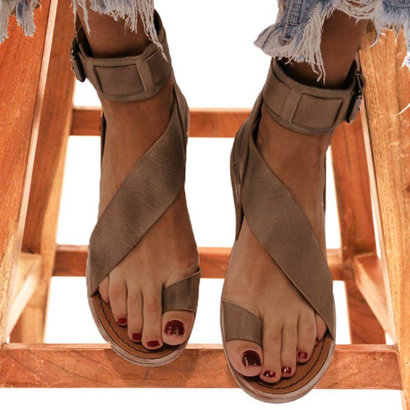 Kvinnor Retro Toe Ring Romersk Ankelrem Casual Summer Flat Sandaler