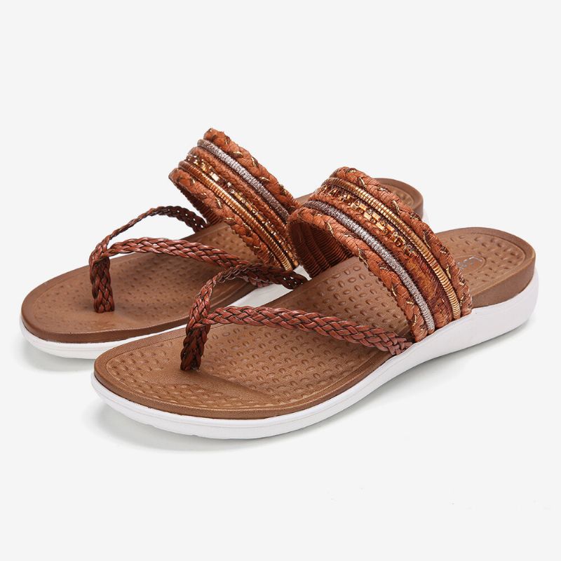 Kvinnor Vävda Flip Flops Clip Toe Mjuk Sula Slip On Flat Sandaler