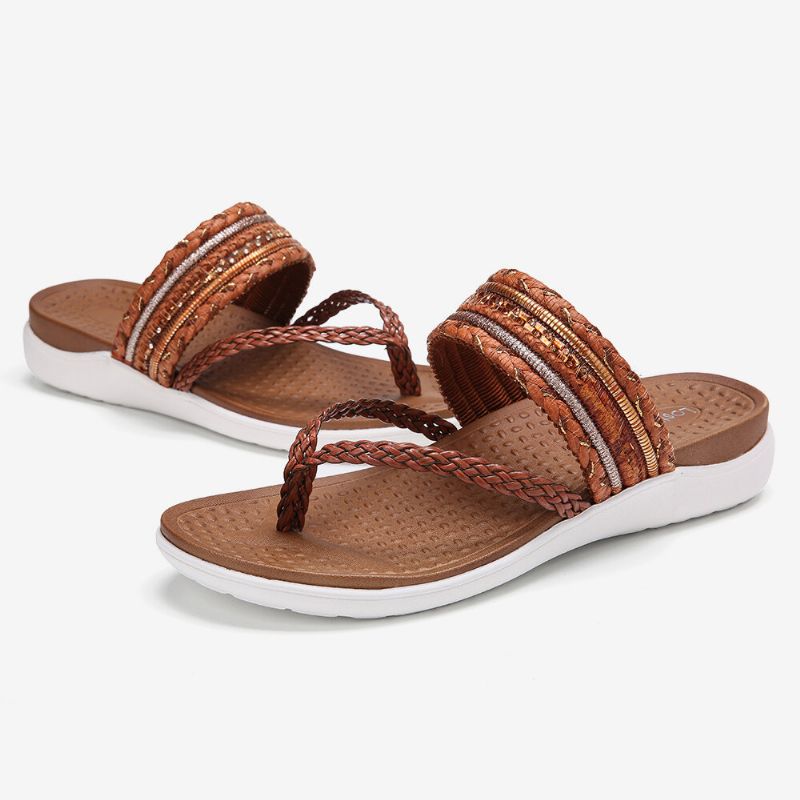 Kvinnor Vävda Flip Flops Clip Toe Mjuk Sula Slip On Flat Sandaler