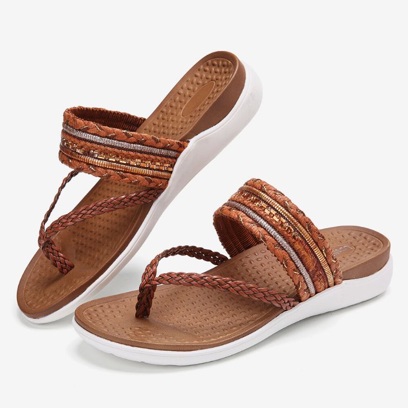 Kvinnor Vävda Flip Flops Clip Toe Mjuk Sula Slip On Flat Sandaler