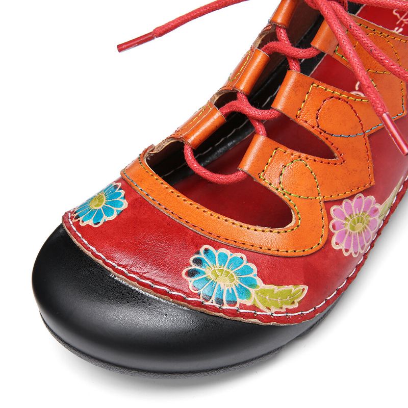 Läder Blommor Splicing Cutout Sömmar Snörning Slingback Mules Clogs Flat Sandaler