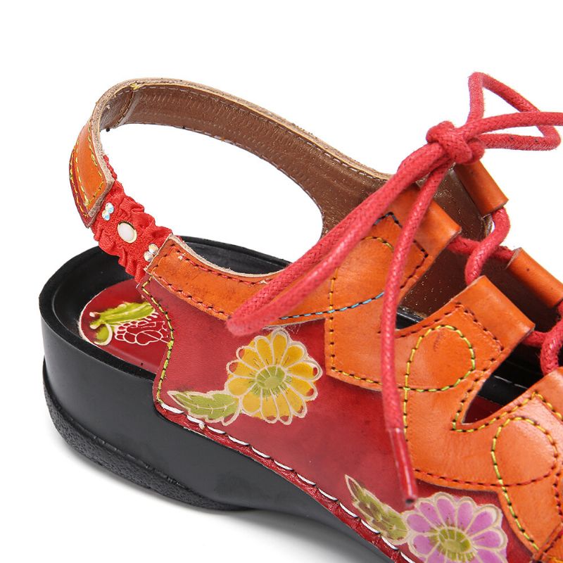 Läder Blommor Splicing Cutout Sömmar Snörning Slingback Mules Clogs Flat Sandaler