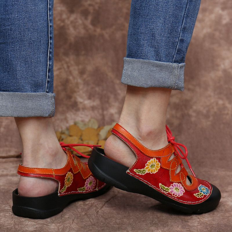 Läder Blommor Splicing Cutout Sömmar Snörning Slingback Mules Clogs Flat Sandaler