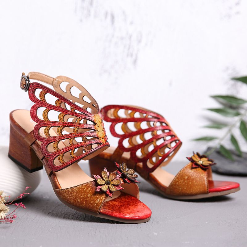 Läder Blommor Utskärningar Butterfly Wings Spänne Slingback Block Häl Sandaler