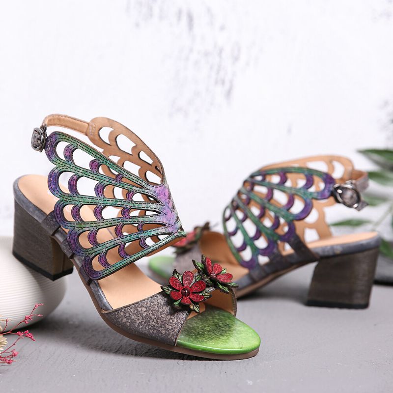 Läder Blommor Utskärningar Butterfly Wings Spänne Slingback Block Häl Sandaler