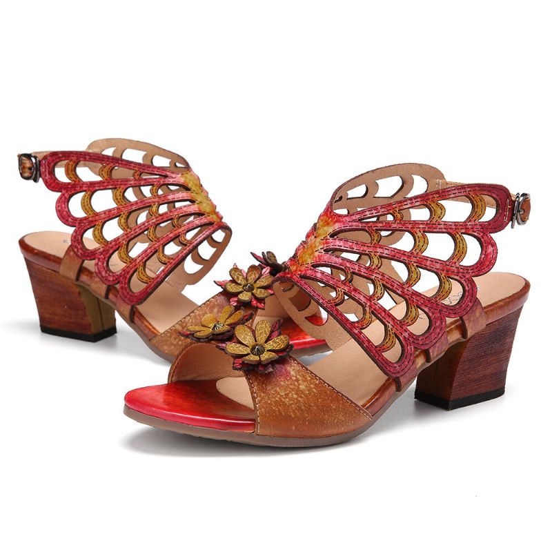 Läder Blommor Utskärningar Butterfly Wings Spänne Slingback Block Häl Sandaler