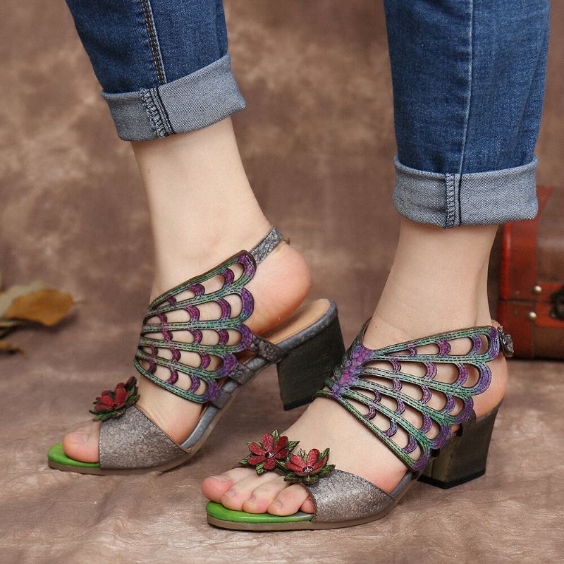 Läder Blommor Utskärningar Butterfly Wings Spänne Slingback Block Häl Sandaler