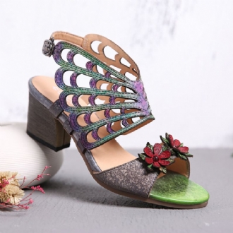 Läder Blommor Utskärningar Butterfly Wings Spänne Slingback Block Häl Sandaler