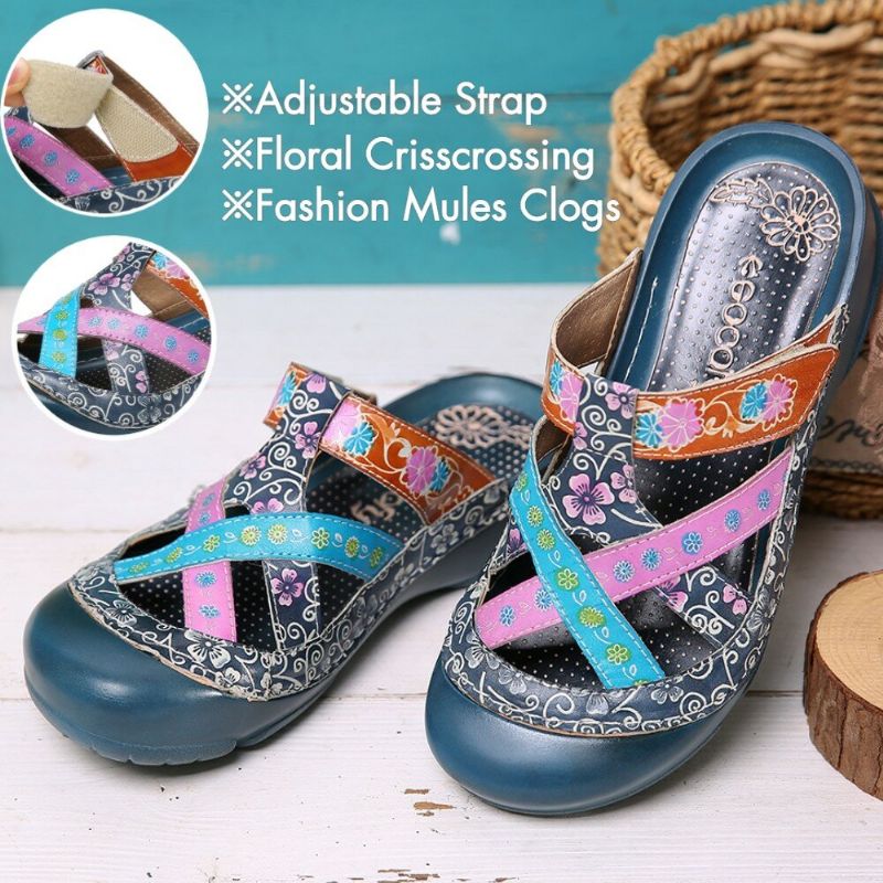 Läder Floral Crosscrossing Justerbar Strap Slip-on Mules Clogs Flat Slides Sandaler