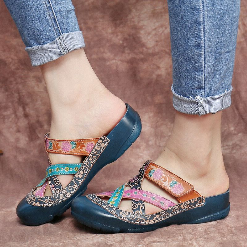 Läder Floral Crosscrossing Justerbar Strap Slip-on Mules Clogs Flat Slides Sandaler