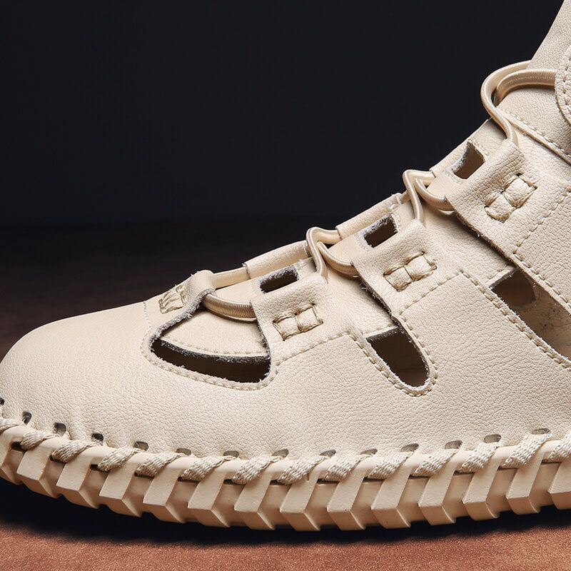 Män Close Toe Kohud Lädersömmar Hollow Beach Casual Sandaler