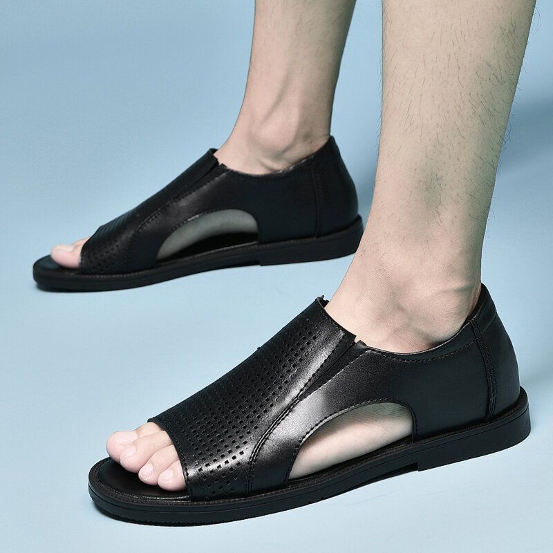 Män Kohud Läder Andas Ihålig Mjuk Botten Öppnad Tå Slip On Casual Sandaler