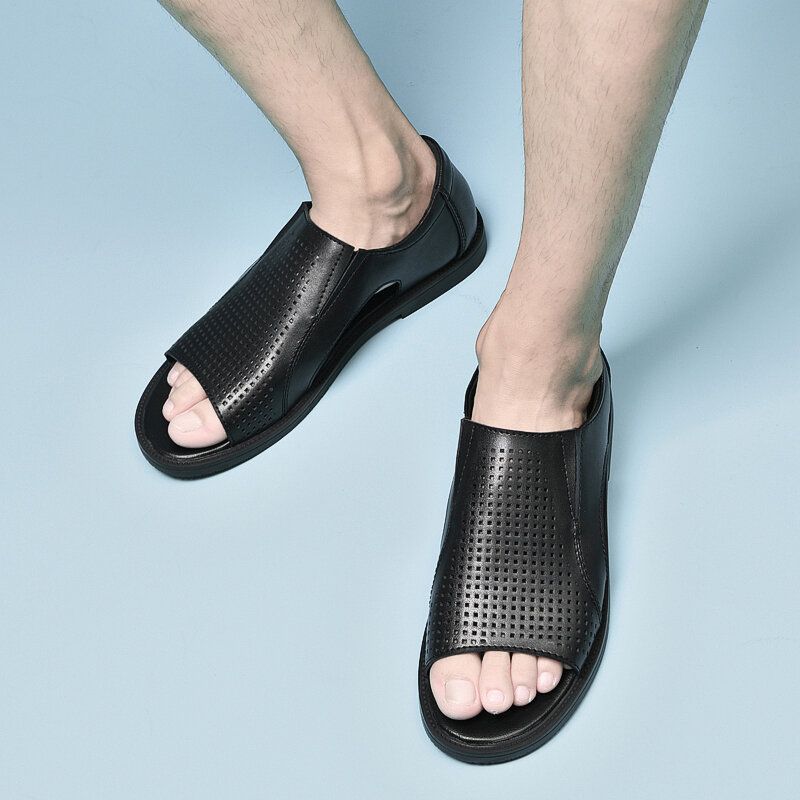 Män Kohud Läder Andas Ihålig Mjuk Botten Öppnad Tå Slip On Casual Sandaler