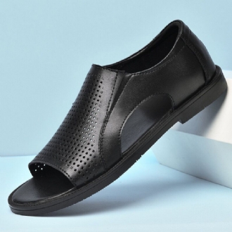 Män Kohud Läder Andas Ihålig Mjuk Botten Öppnad Tå Slip On Casual Sandaler