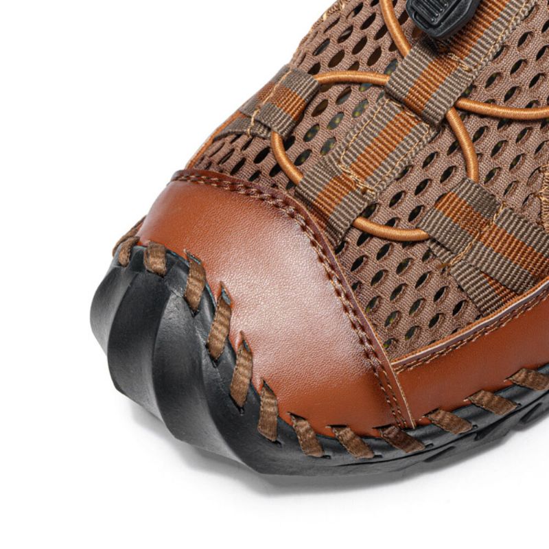 Män Kohud Läder Handsömnad Mesh Andas Mjuk Botten Casual Outdoor Sandaler