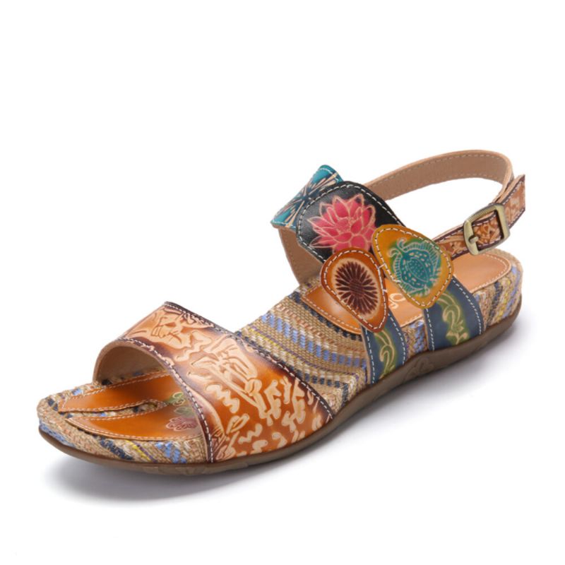 Retro Flower Printing Läder Comfy Flat Stripe Sandaler