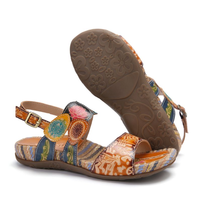 Retro Flower Printing Läder Comfy Flat Stripe Sandaler