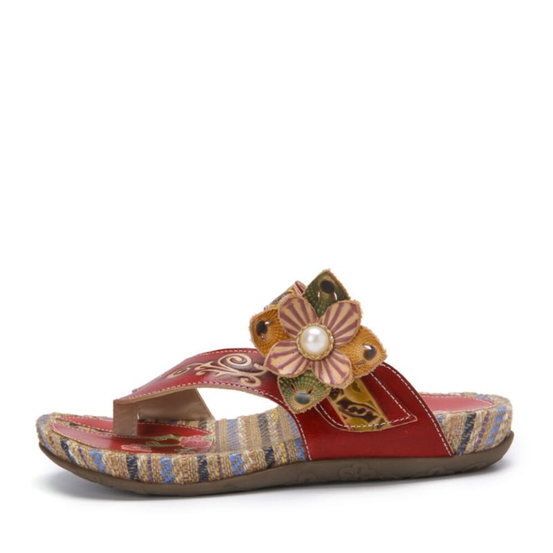 Retro Flower Printing Läder Comfy Flat Stripe String Sandaler