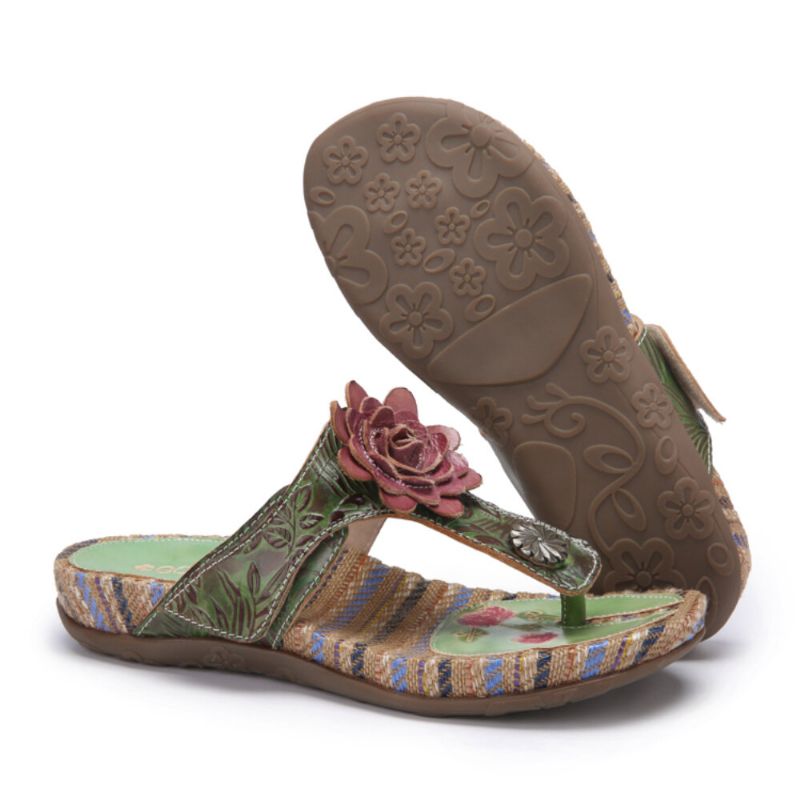 Retro Flower Printing Läder Comfy Flat Stripe Thong Sandaler