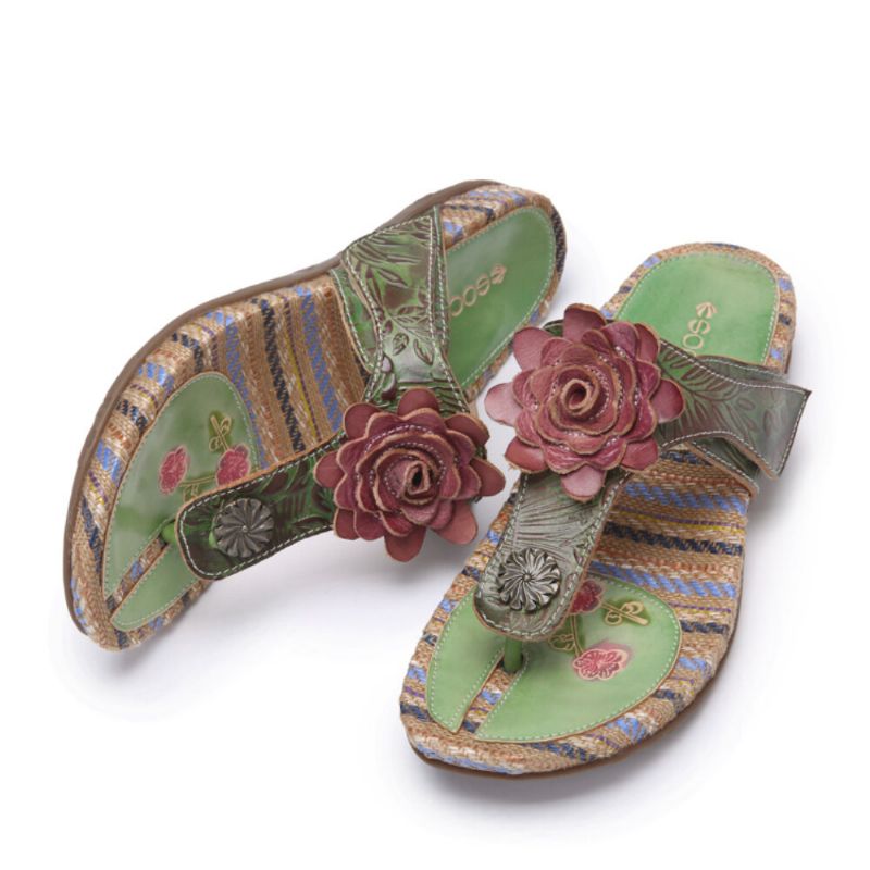 Retro Flower Printing Läder Comfy Flat Stripe Thong Sandaler