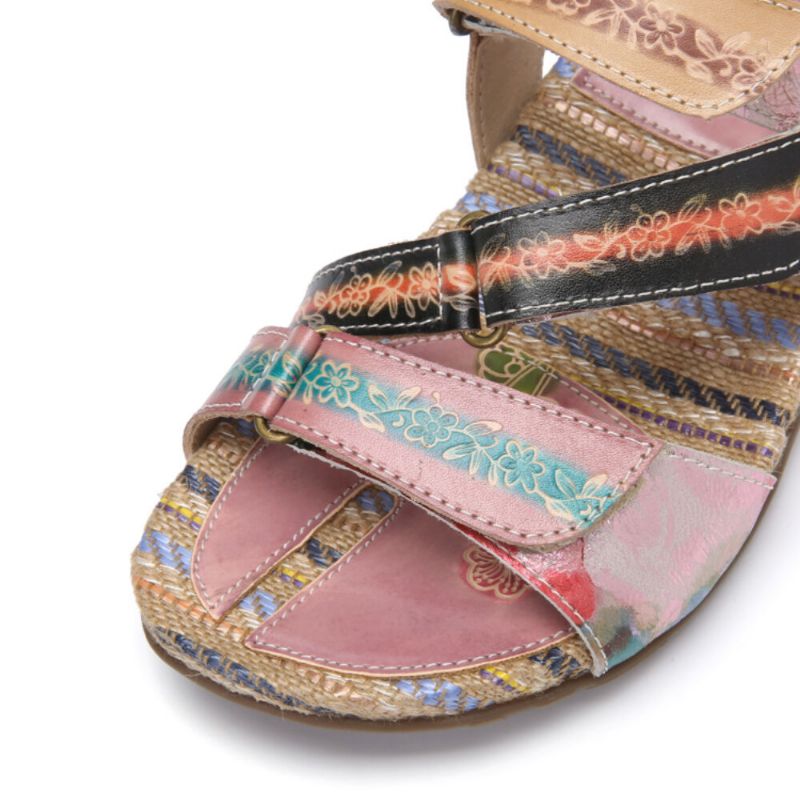 Retro Flower Printing Läder Comfy Flat Stripe Thong Sandaler