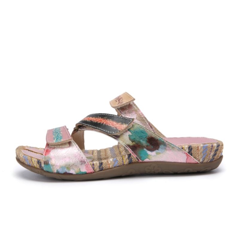 Retro Flower Printing Läder Comfy Flat Stripe Thong Sandaler