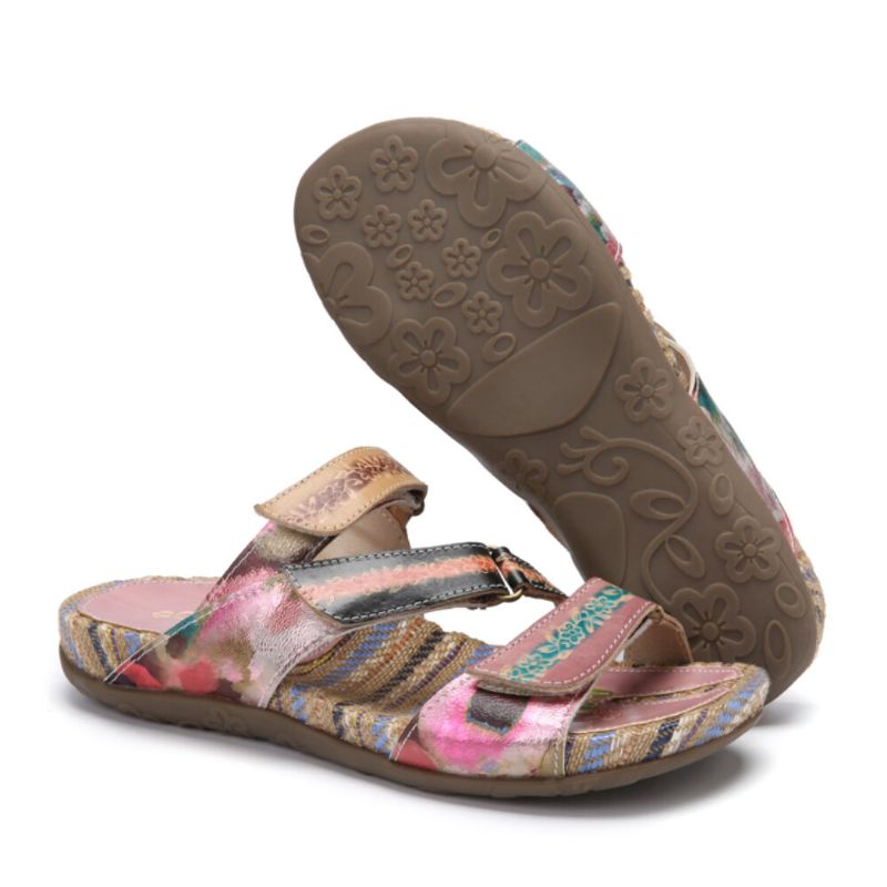 Retro Flower Printing Läder Comfy Flat Stripe Thong Sandaler