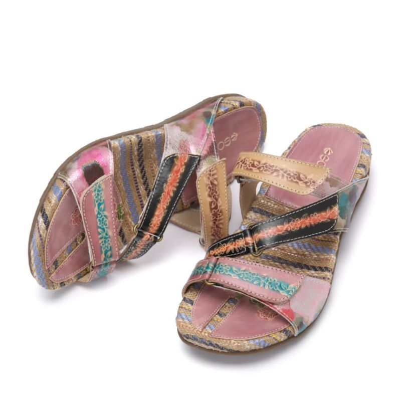 Retro Flower Printing Läder Comfy Flat Stripe Thong Sandaler