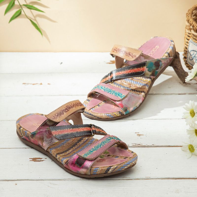 Retro Flower Printing Läder Comfy Flat Stripe Thong Sandaler