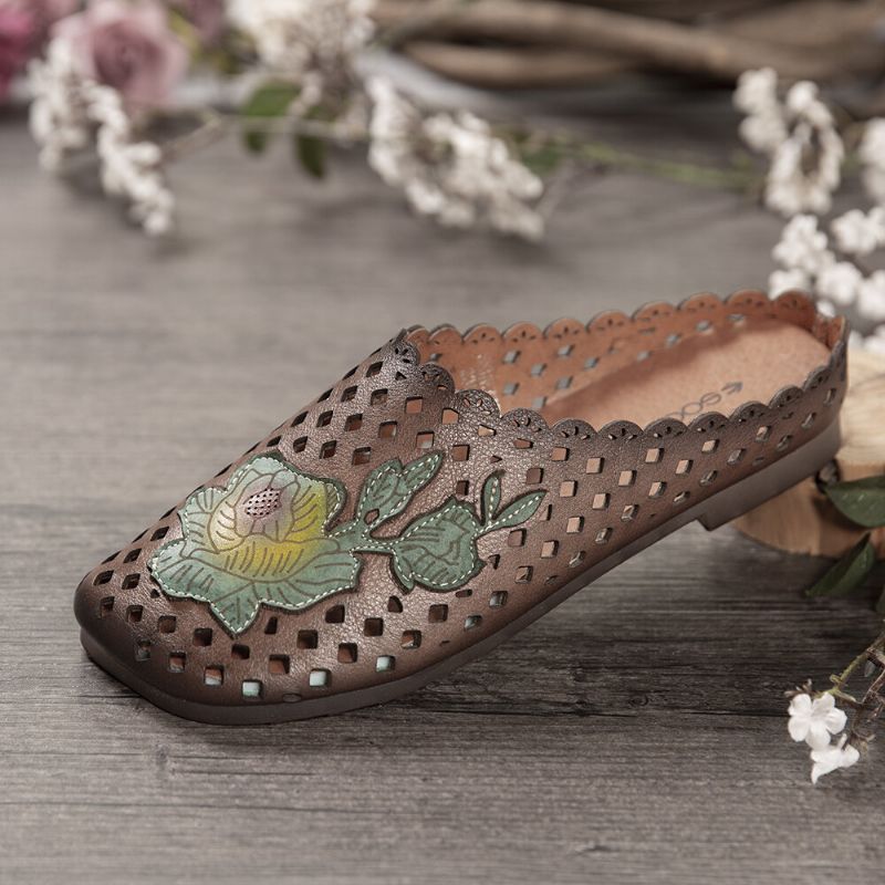 Retro Läder Blommor Applikationsutskärningar Mjuka Platta Mules Träskor Slip-on Sandaler