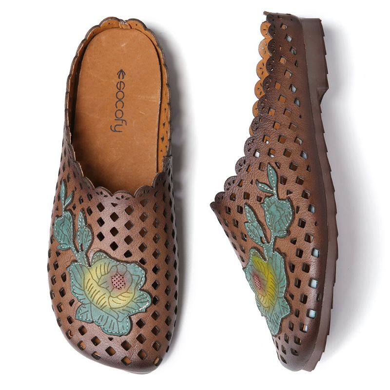 Retro Läder Blommor Applikationsutskärningar Mjuka Platta Mules Träskor Slip-on Sandaler