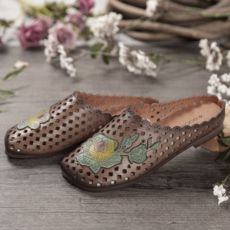 Retro Läder Blommor Applikationsutskärningar Mjuka Platta Mules Träskor Slip-on Sandaler