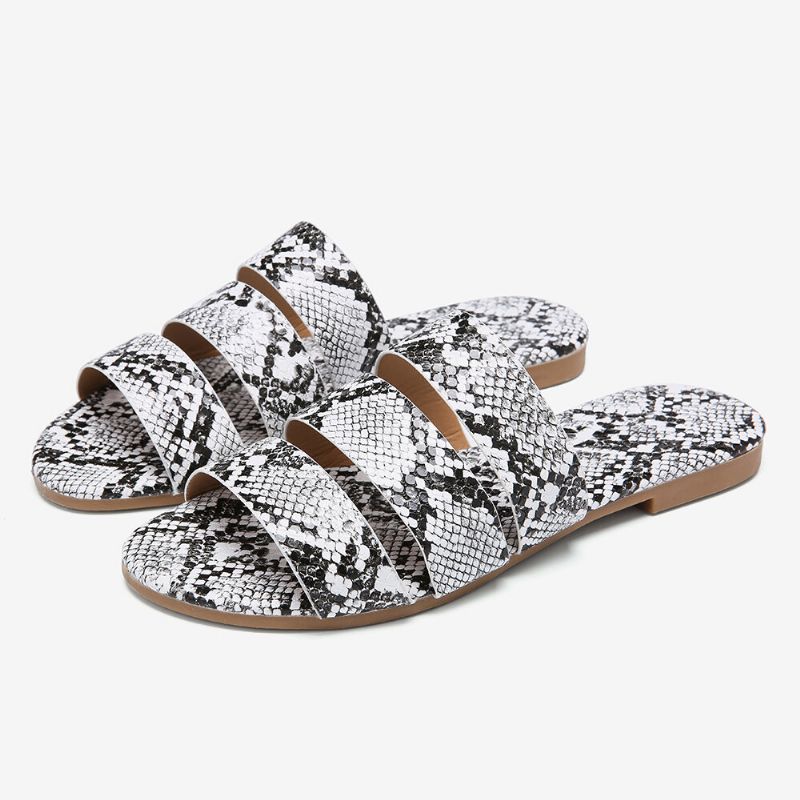 Snakeskin Printed Triple Belt Flat Sandaler