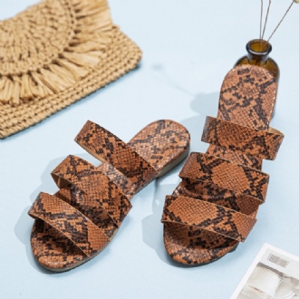 Snakeskin Printed Triple Belt Flat Sandaler