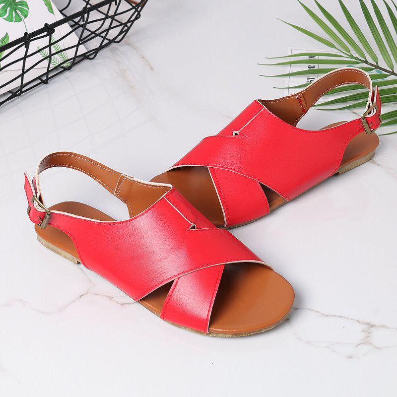 Wome Beach Peep Toe Cross Spänne Flats Sandaler