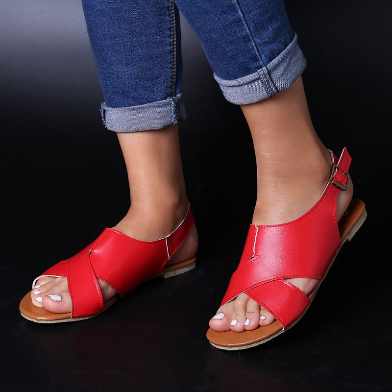 Wome Beach Peep Toe Cross Spänne Flats Sandaler