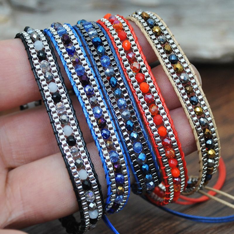 10 Färger Bohemian Crystal Beaded Armband Flerlagersrep Telescopic Adjust Damarmband