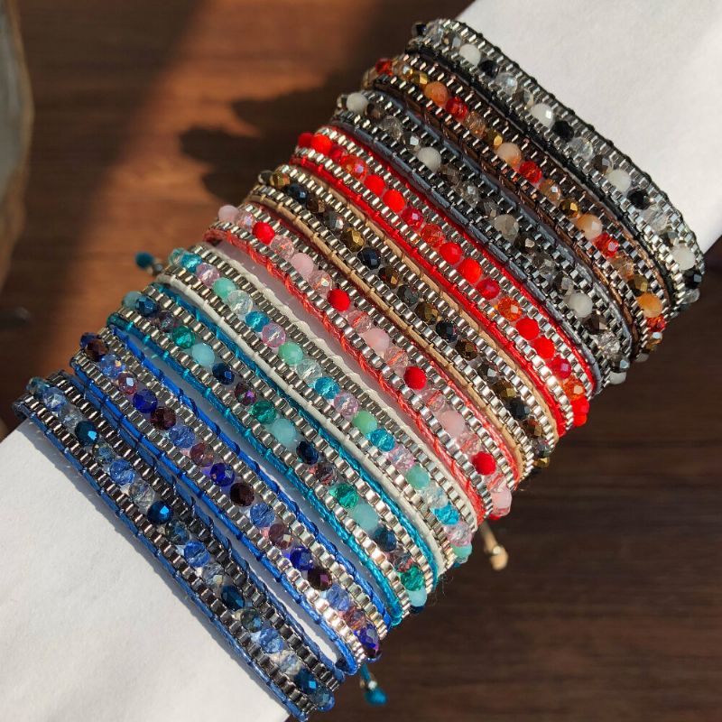 10 Färger Bohemian Crystal Beaded Armband Flerlagersrep Telescopic Adjust Damarmband