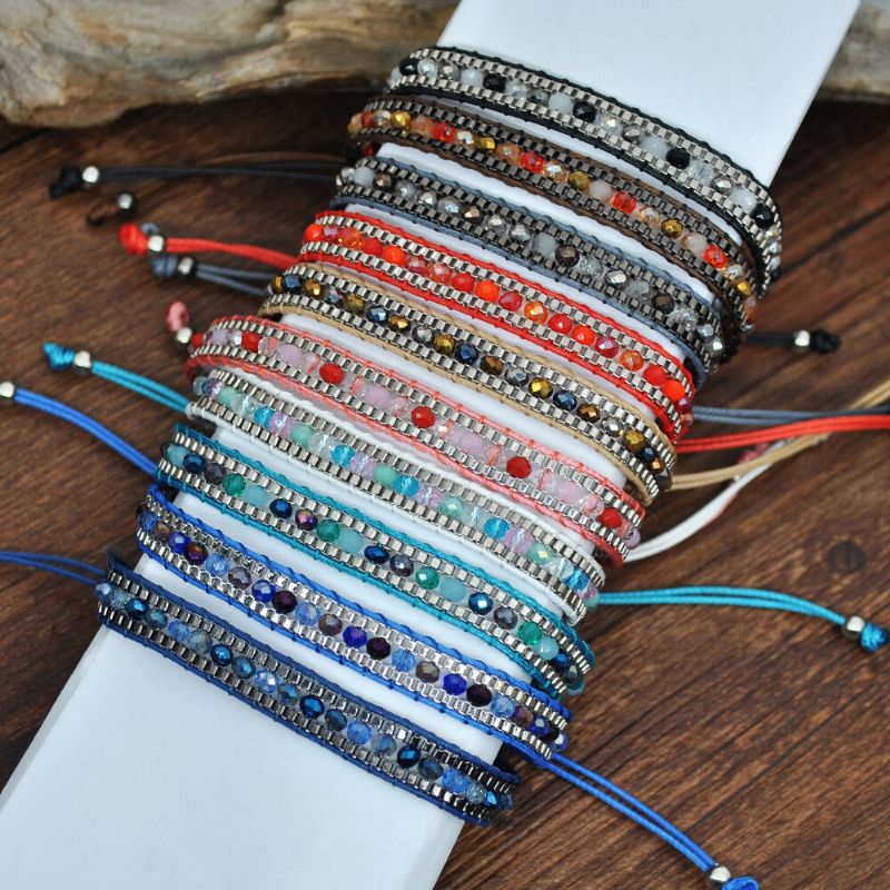 10 Färger Bohemian Crystal Beaded Armband Flerlagersrep Telescopic Adjust Damarmband