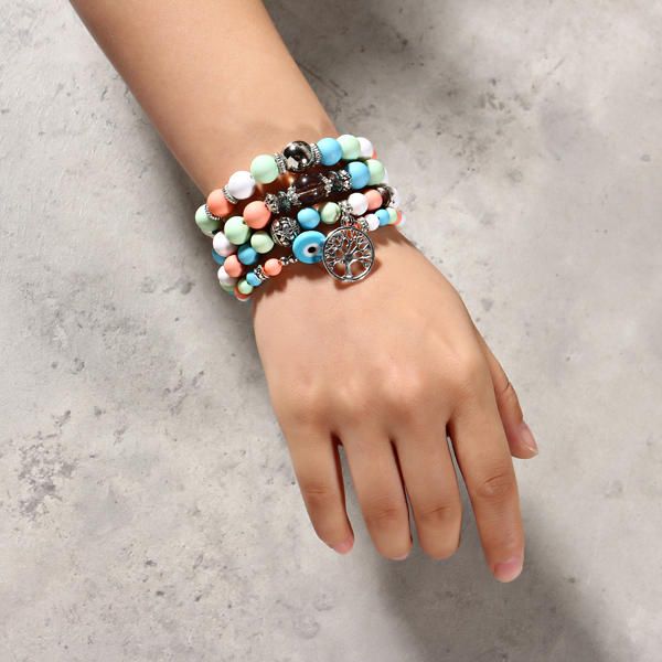 Bohemian Hollow Tree Of Life Elastic Beads Multilayer Armband Armband Present För Kvinnor